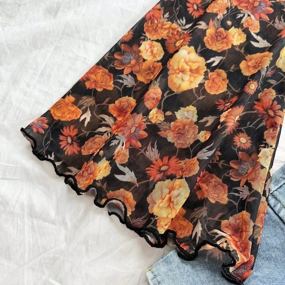 Multicolor Casual Women's Ditsy Floral Stand Collar Flare Sleeve mesh top